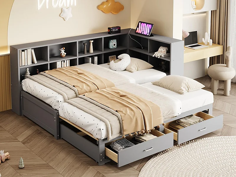 Canapé-lit en bois massif 90x190 cm - avec lit gigogne - avec compartiment de rangement - avec 2 tiroirs - gris