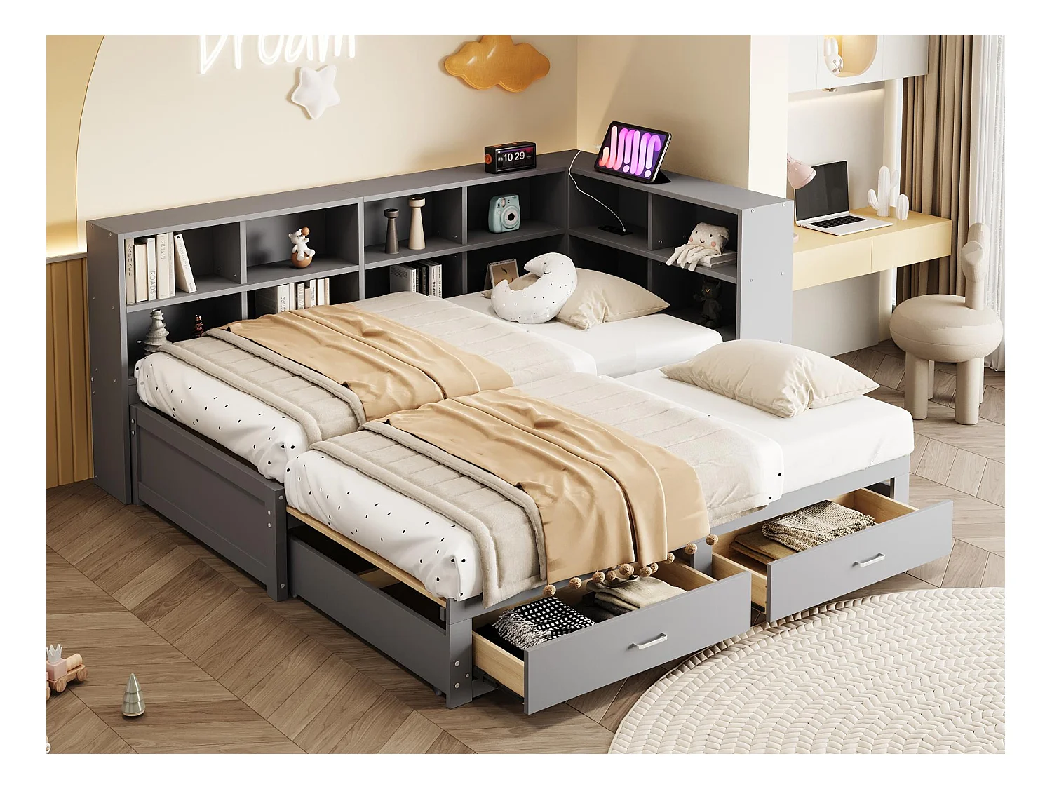 Canapé-lit en bois massif 90x190 cm - avec lit gigogne - avec compartiment de rangement - avec 2 tiroirs - gris