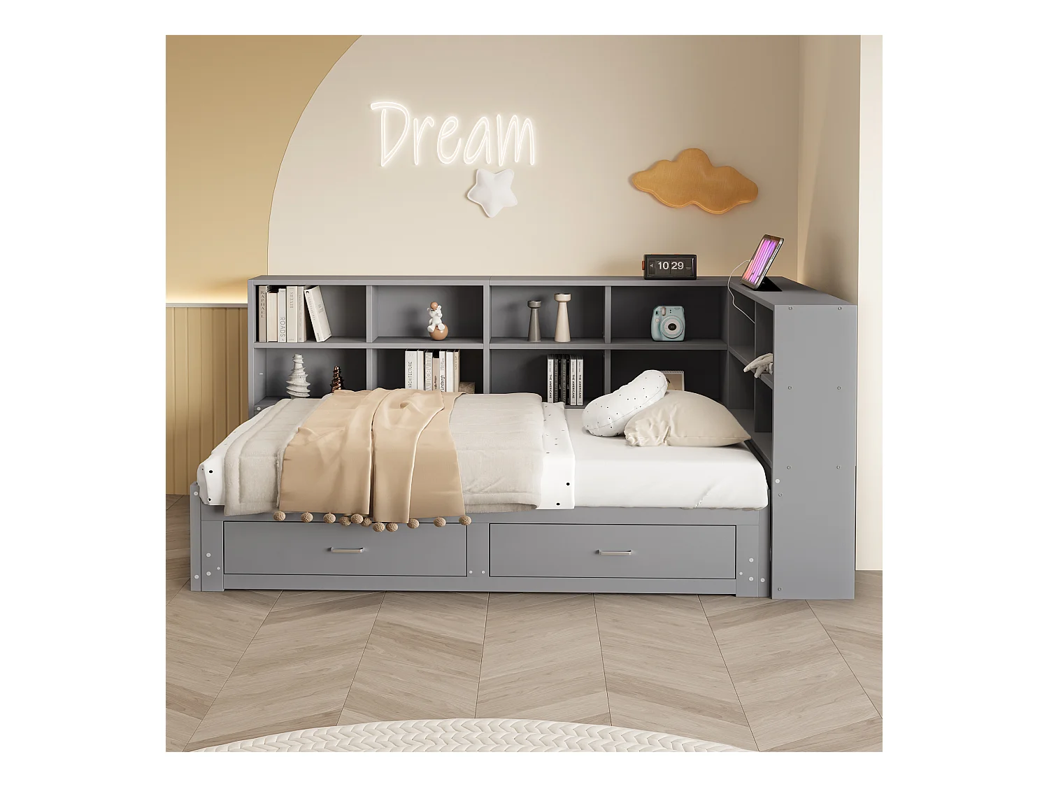 Canapé-lit en bois massif 90x190 cm - avec lit gigogne - avec compartiment de rangement - avec 2 tiroirs - gris