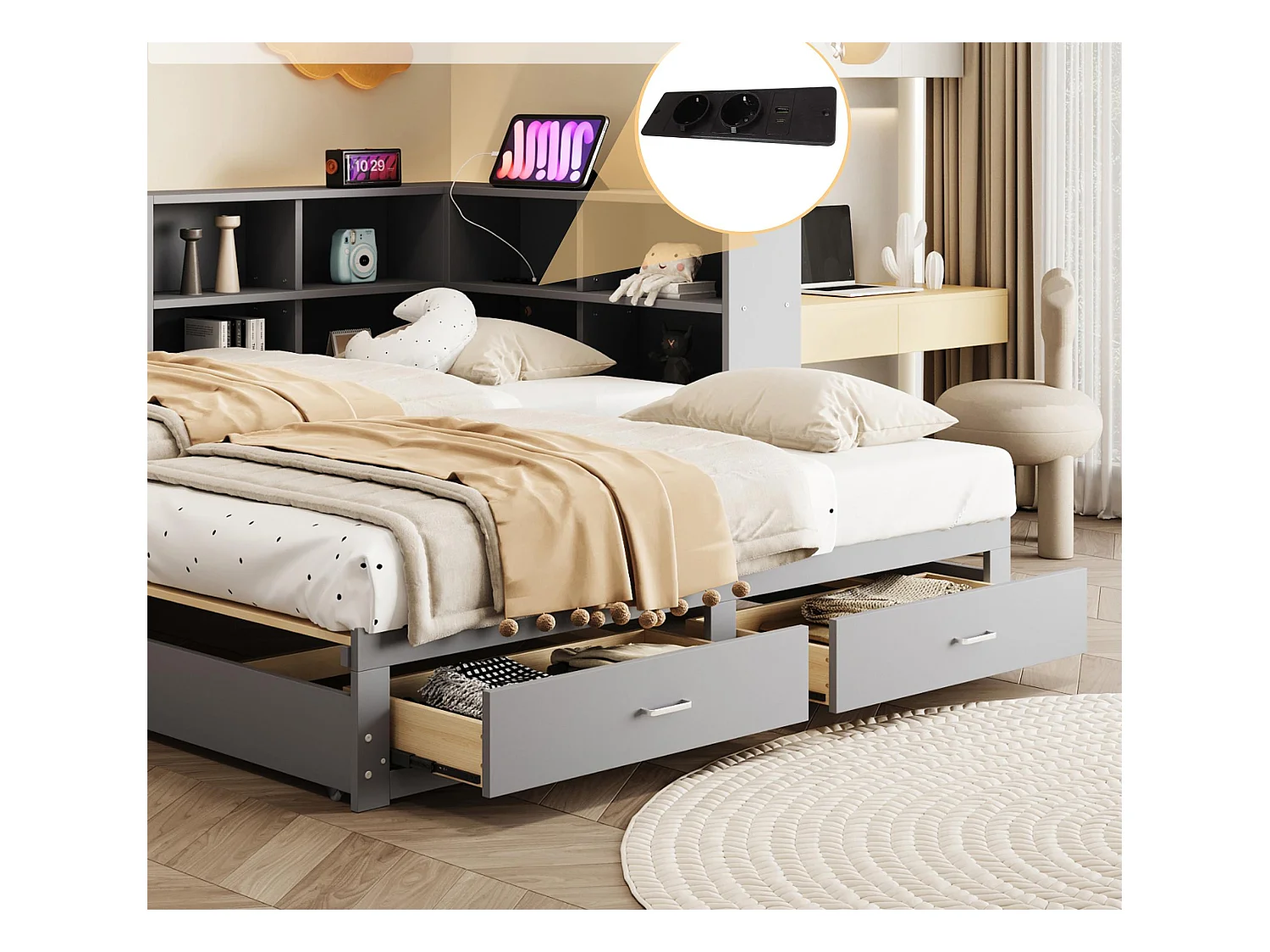 Canapé-lit en bois massif 90x190 cm - avec lit gigogne - avec compartiment de rangement - avec 2 tiroirs - gris