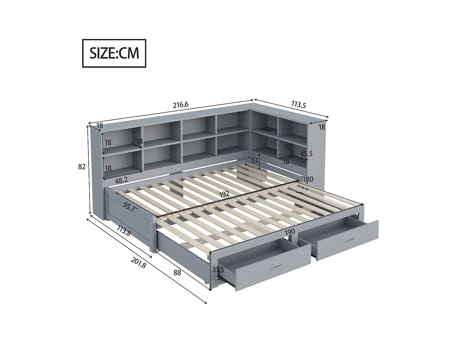 Canapé-lit en bois massif 90x190 cm - avec lit gigogne - avec compartiment de rangement - avec 2 tiroirs - gris