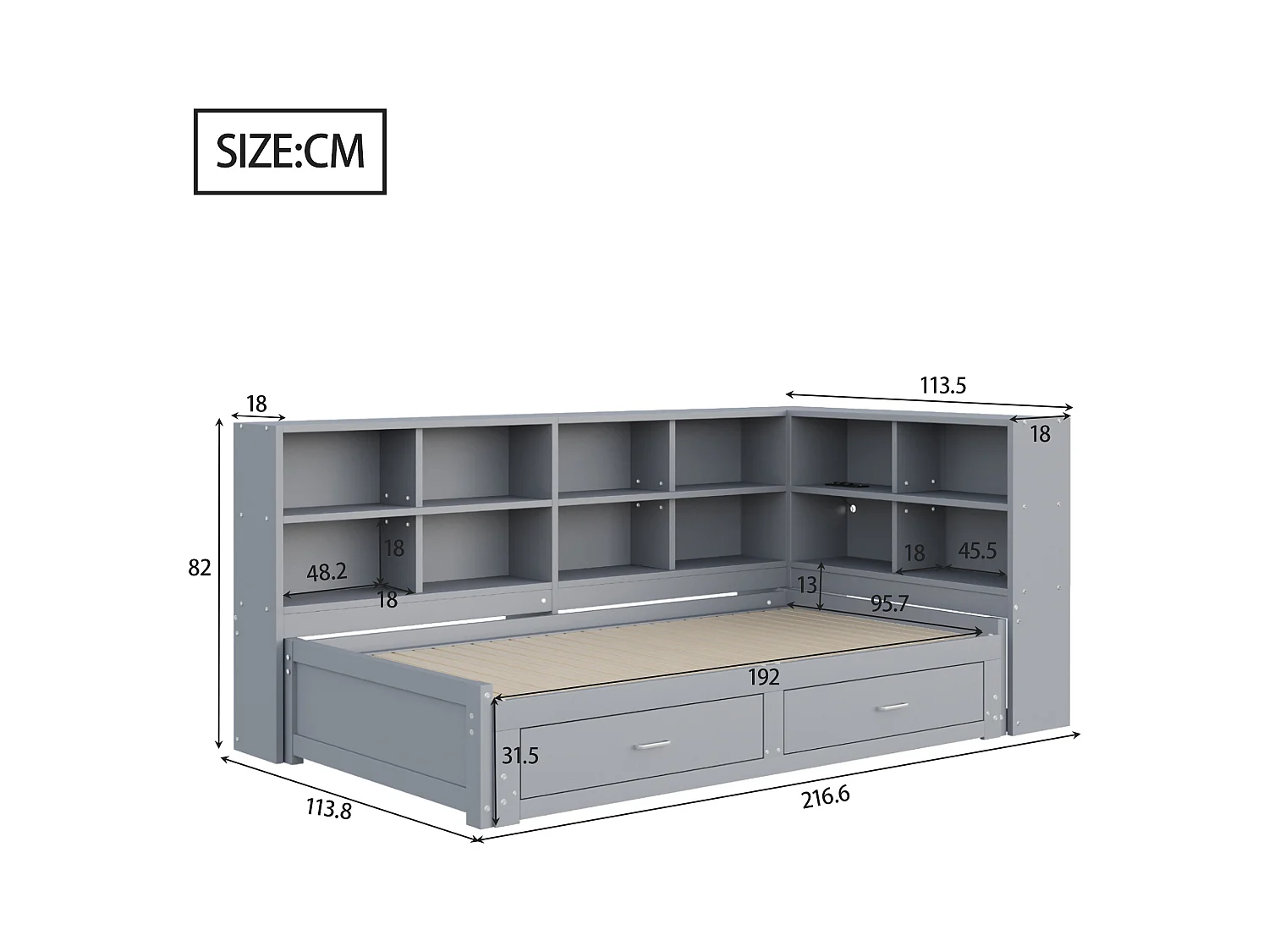 Canapé-lit en bois massif 90x190 cm - avec lit gigogne - avec compartiment de rangement - avec 2 tiroirs - gris