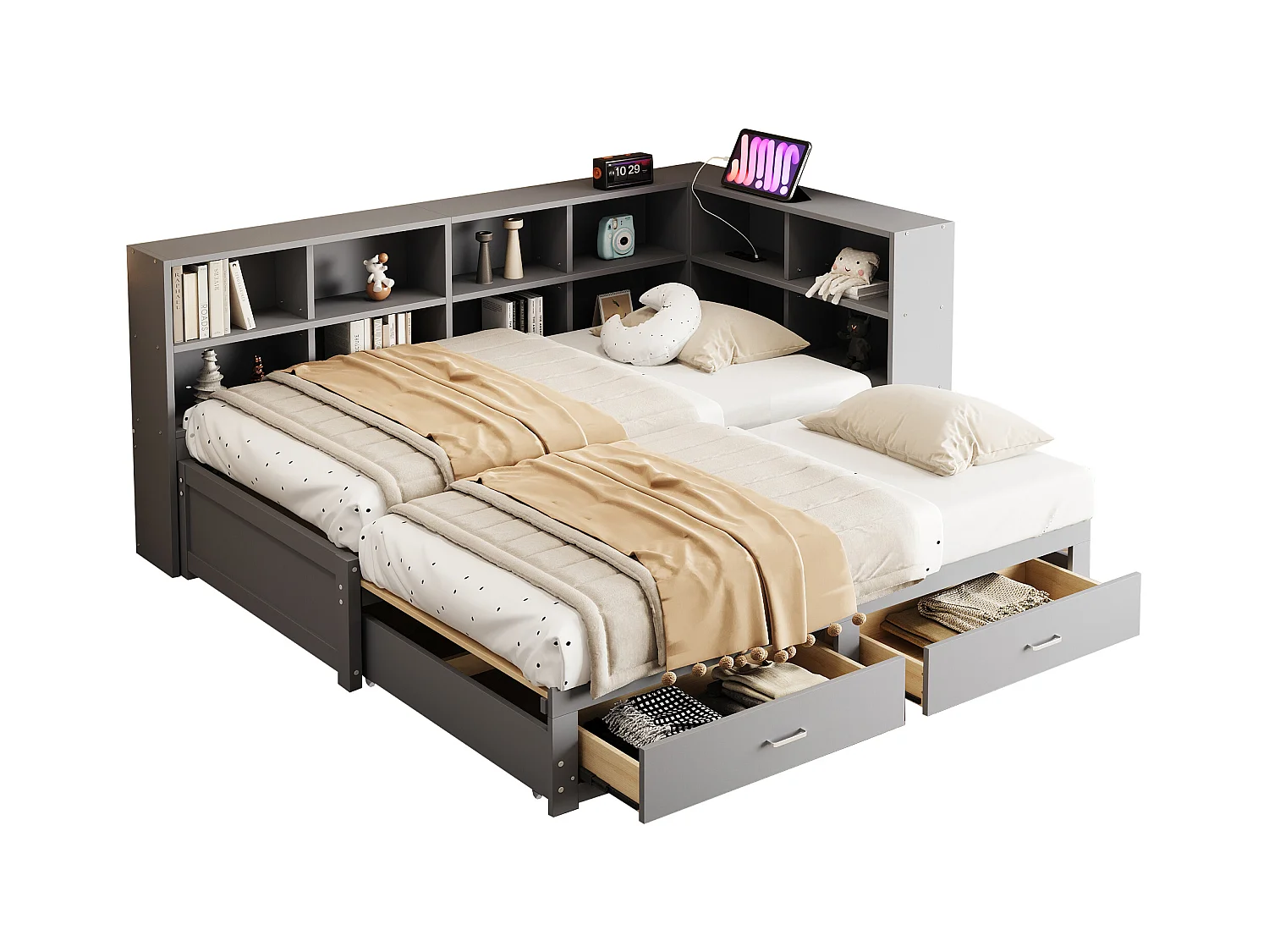 Canapé-lit en bois massif 90x190 cm - avec lit gigogne - avec compartiment de rangement - avec 2 tiroirs - gris