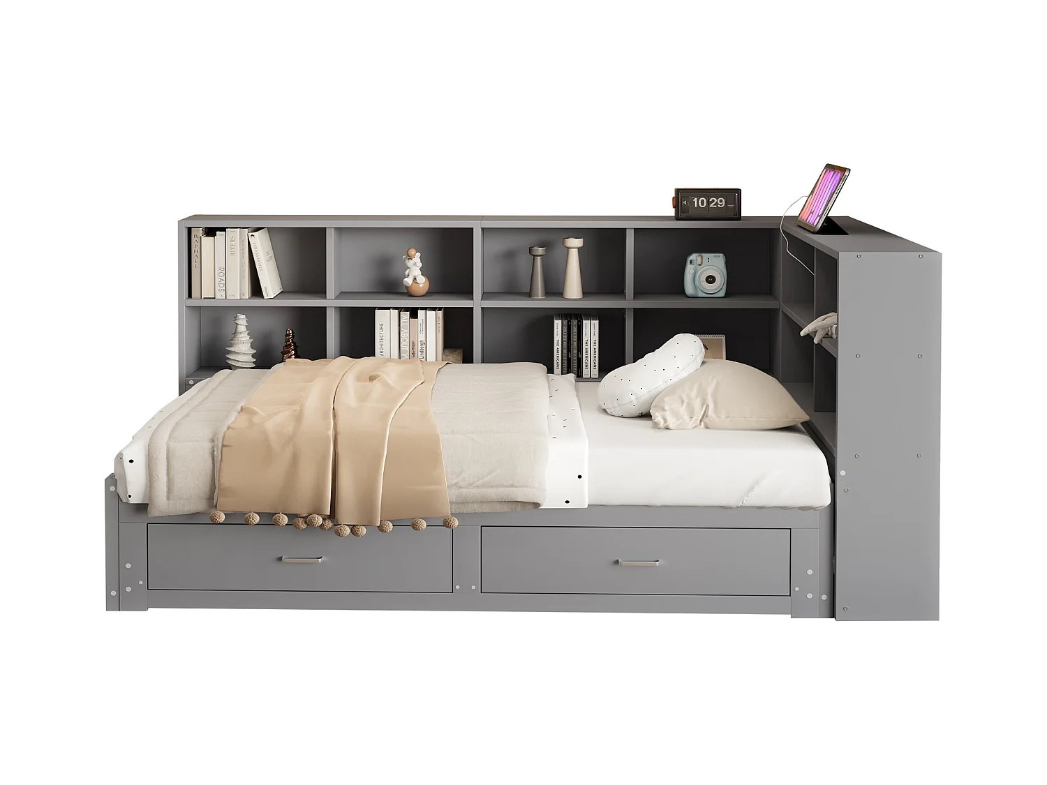 Canapé-lit en bois massif 90x190 cm - avec lit gigogne - avec compartiment de rangement - avec 2 tiroirs - gris