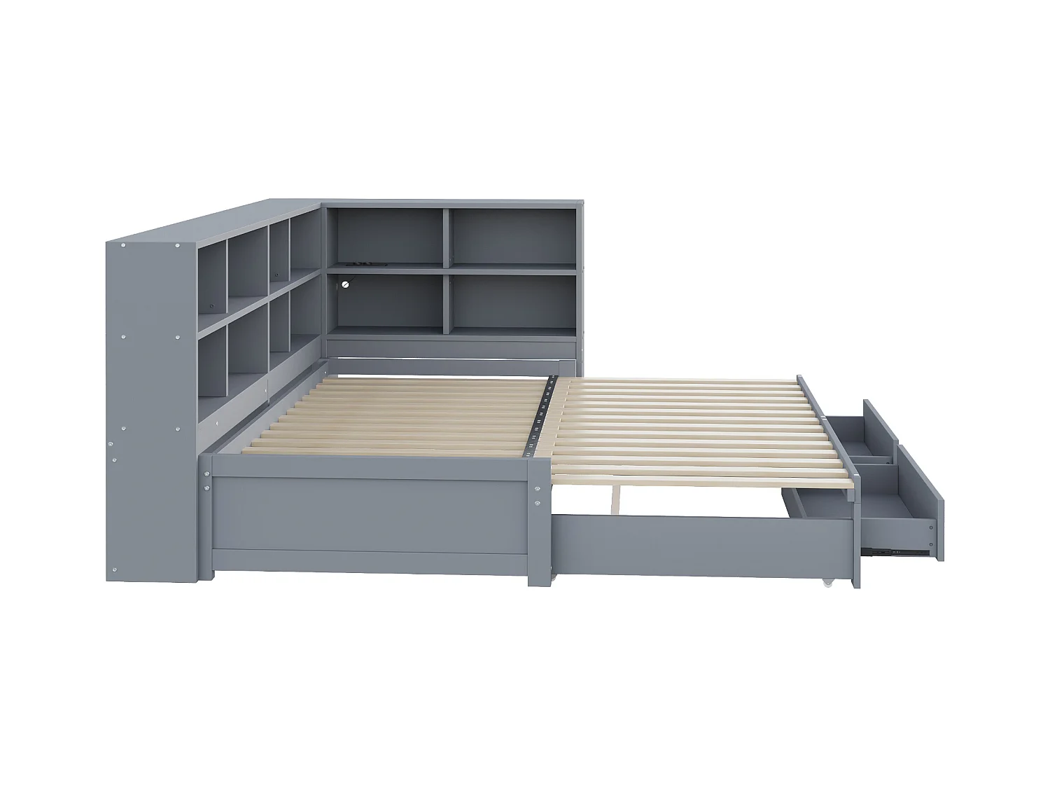 Canapé-lit en bois massif 90x190 cm - avec lit gigogne - avec compartiment de rangement - avec 2 tiroirs - gris
