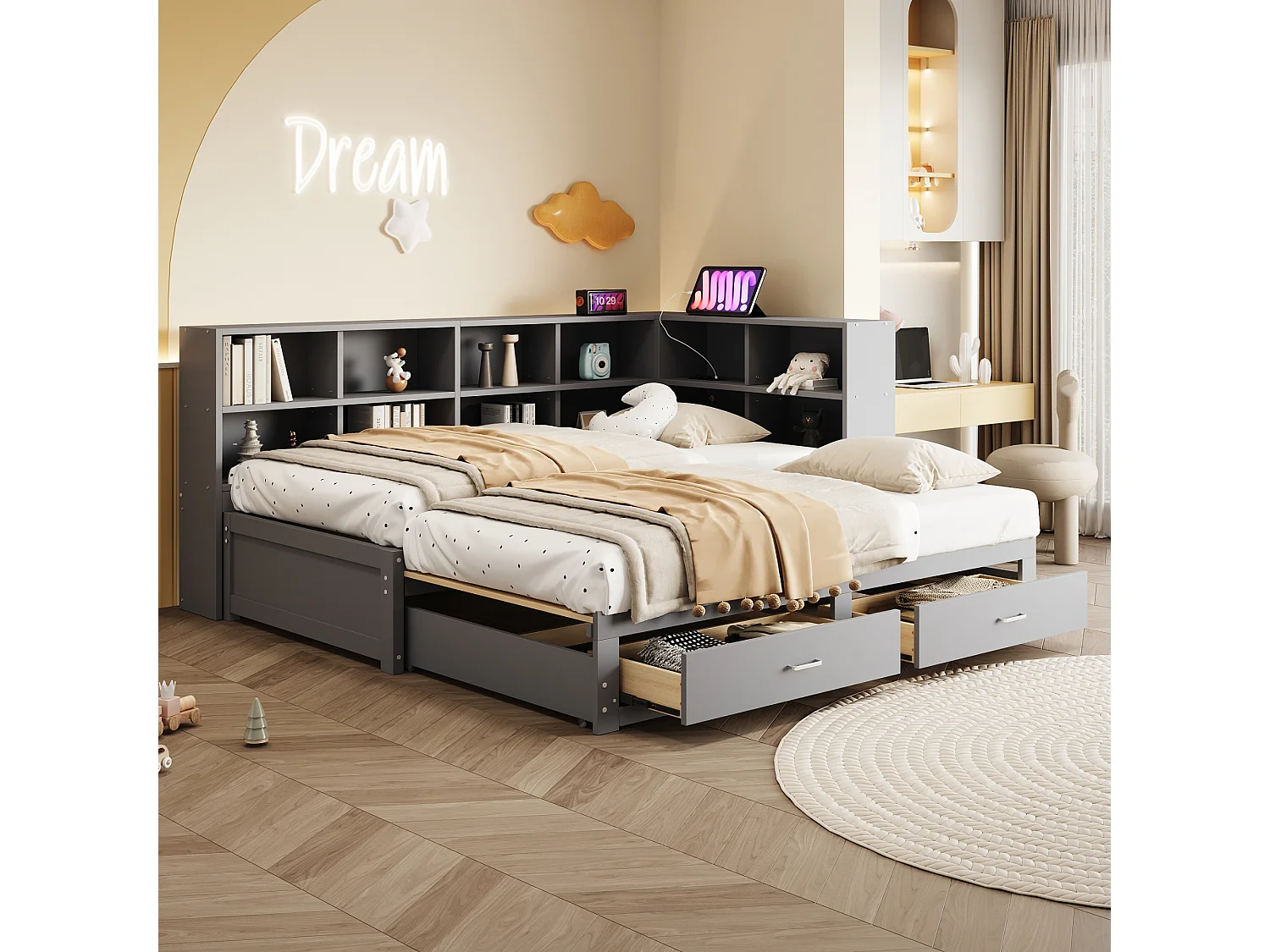 Canapé-lit en bois massif 90x190 cm - avec lit gigogne - avec compartiment de rangement - avec 2 tiroirs - gris