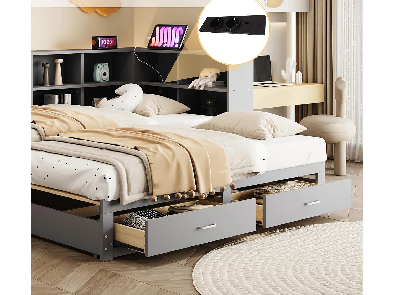 Canapé-lit en bois massif 90x190 cm - avec lit gigogne - avec compartiment de rangement - avec 2 tiroirs - gris