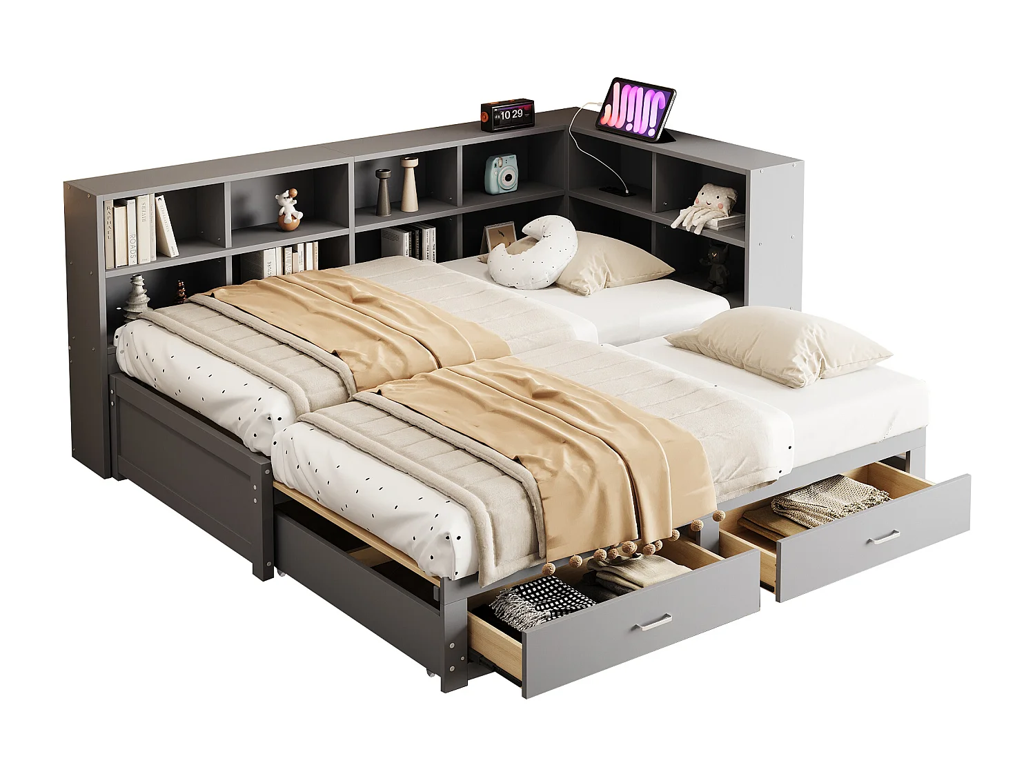 Canapé-lit en bois massif 90x190 cm - avec lit gigogne - avec compartiment de rangement - avec 2 tiroirs - gris