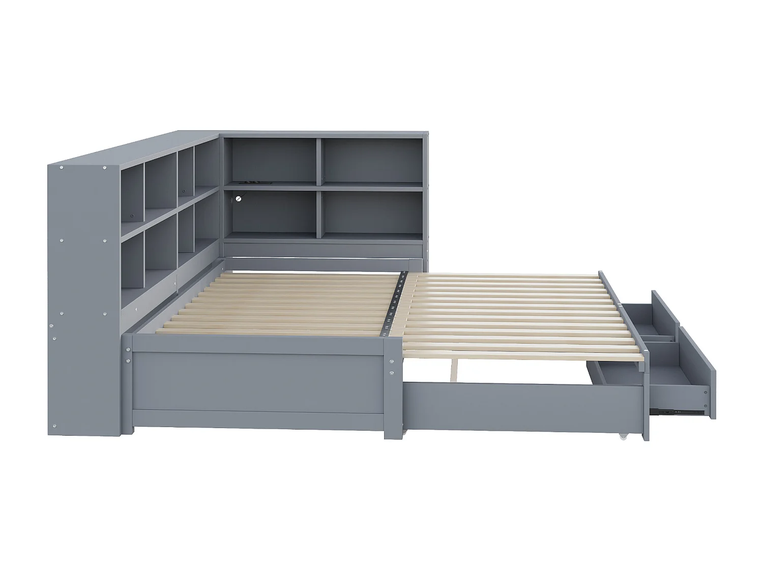 Canapé-lit en bois massif 90x190 cm - avec lit gigogne - avec compartiment de rangement - avec 2 tiroirs - gris