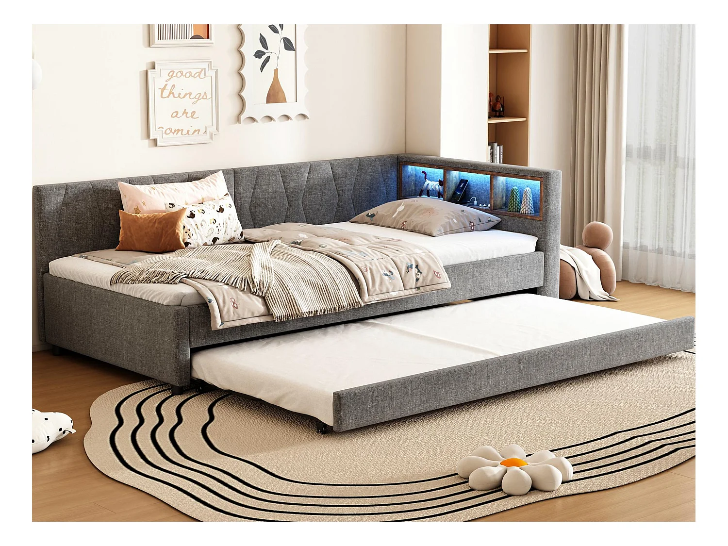 Canapé-lit 90x200cm - avec lit gigogne - avec USB + Type C - avec éclairage LED - gris (matelas non inclus)