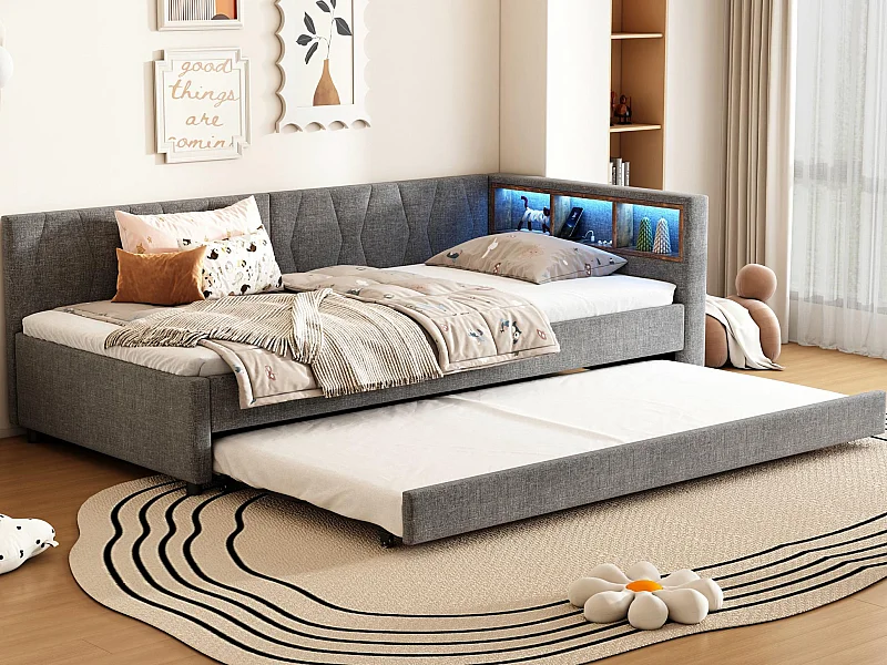 Canapé-lit 90x200cm - avec lit gigogne - avec USB + Type C - avec éclairage LED - gris (matelas non inclus)