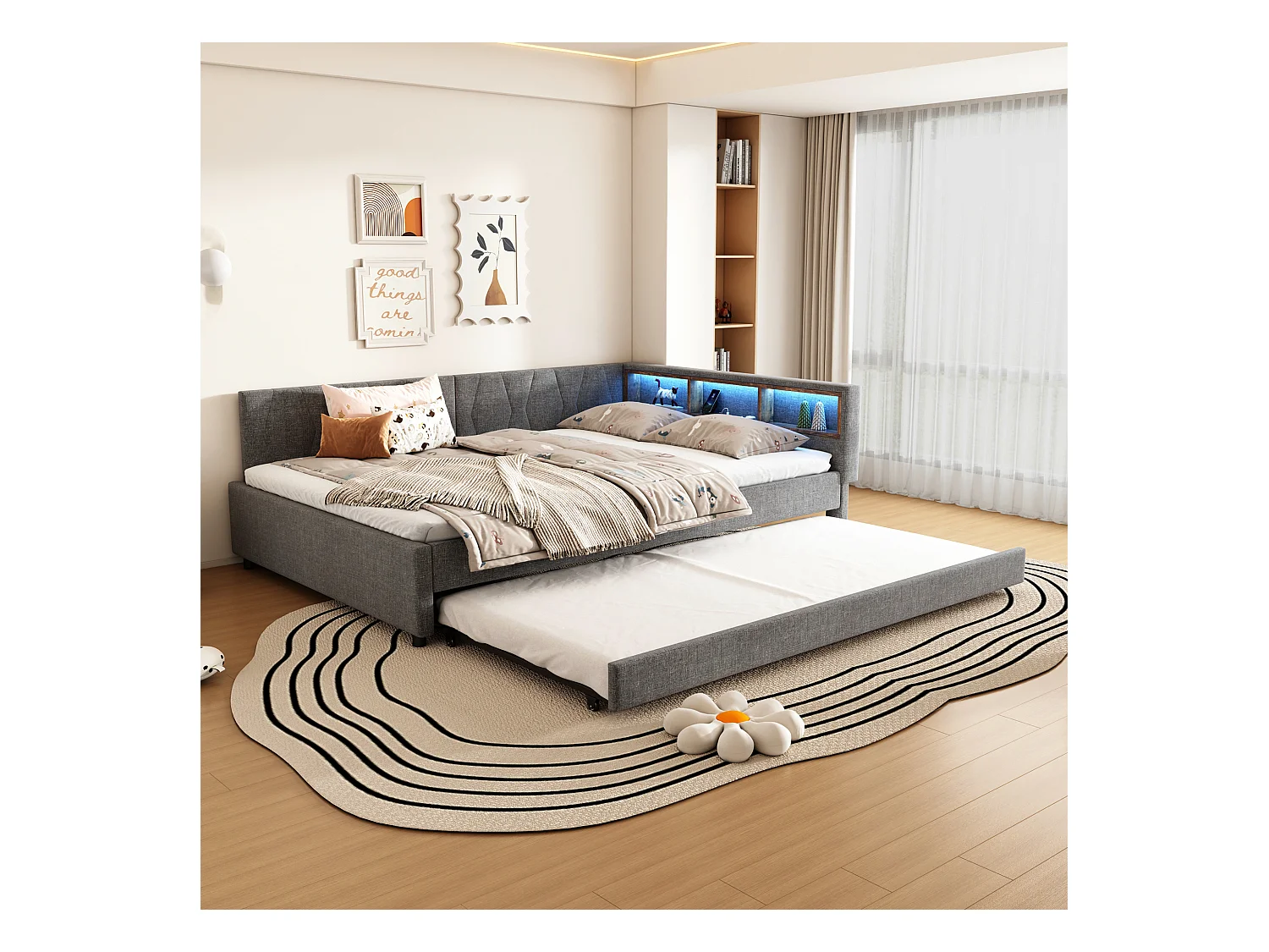 Schlafsofa 140x200 cm - mit Ausziehbett - mit USB- + Type-C-Anschlüssen - mit LED-Beleuchtung - grau (Matratze nicht enthalten)