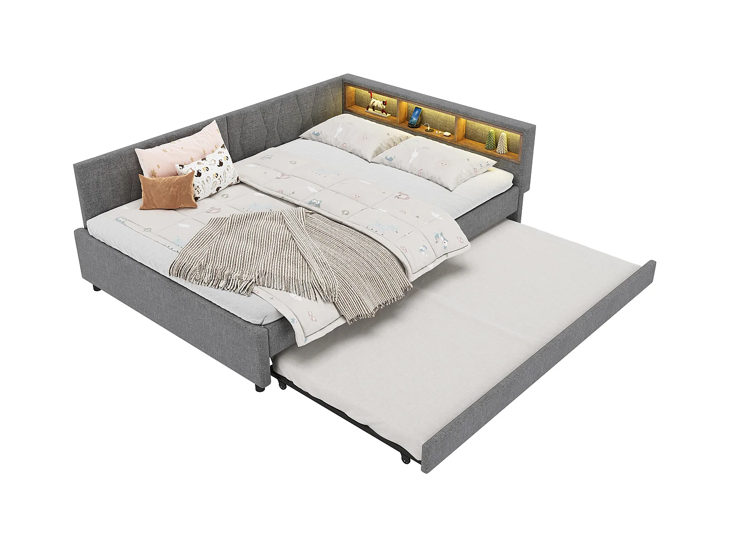 Schlafsofa 140x200 cm - mit Ausziehbett - mit USB- + Type-C-Anschlüssen - mit LED-Beleuchtung - grau (Matratze nicht enthalten)