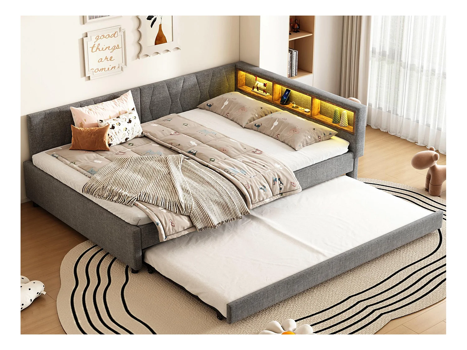 Slaapbank 140x200 cm - met opbergbed - met USB- + Type-C-aansluitingen - met LED-verlichting - grijs (matras niet inbegrepen)