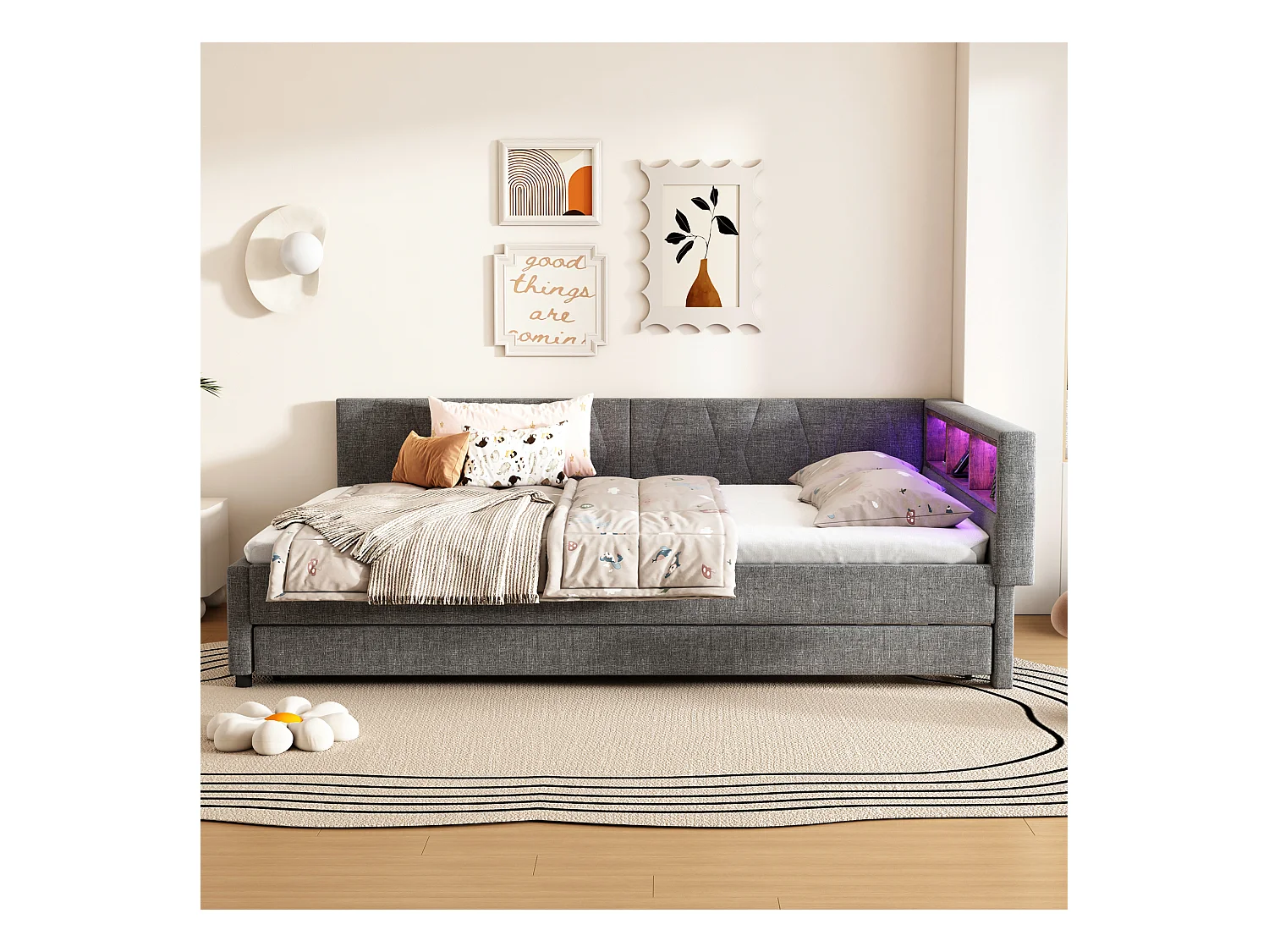 Slaapbank 140x200 cm - met opbergbed - met USB- + Type-C-aansluitingen - met LED-verlichting - grijs (matras niet inbegrepen)