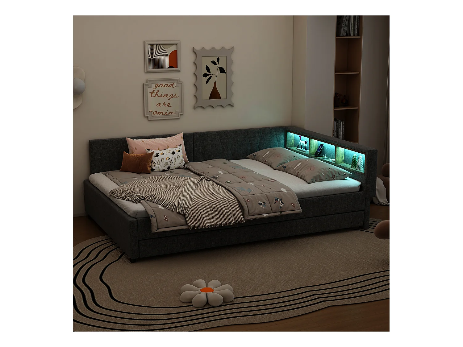 Slaapbank 140x200 cm - met opbergbed - met USB- + Type-C-aansluitingen - met LED-verlichting - grijs (matras niet inbegrepen)