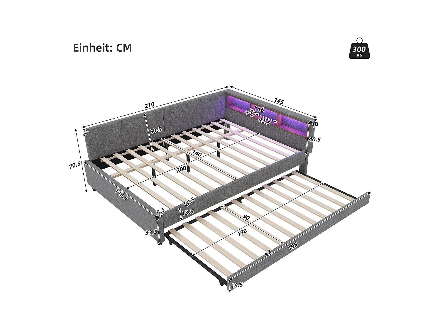 Slaapbank 140x200 cm - met opbergbed - met USB- + Type-C-aansluitingen - met LED-verlichting - grijs (matras niet inbegrepen)