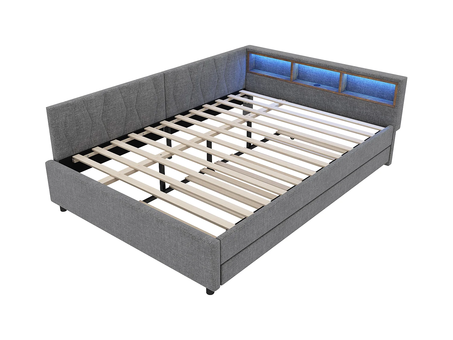 Slaapbank 140x200 cm - met opbergbed - met USB- + Type-C-aansluitingen - met LED-verlichting - grijs (matras niet inbegrepen)