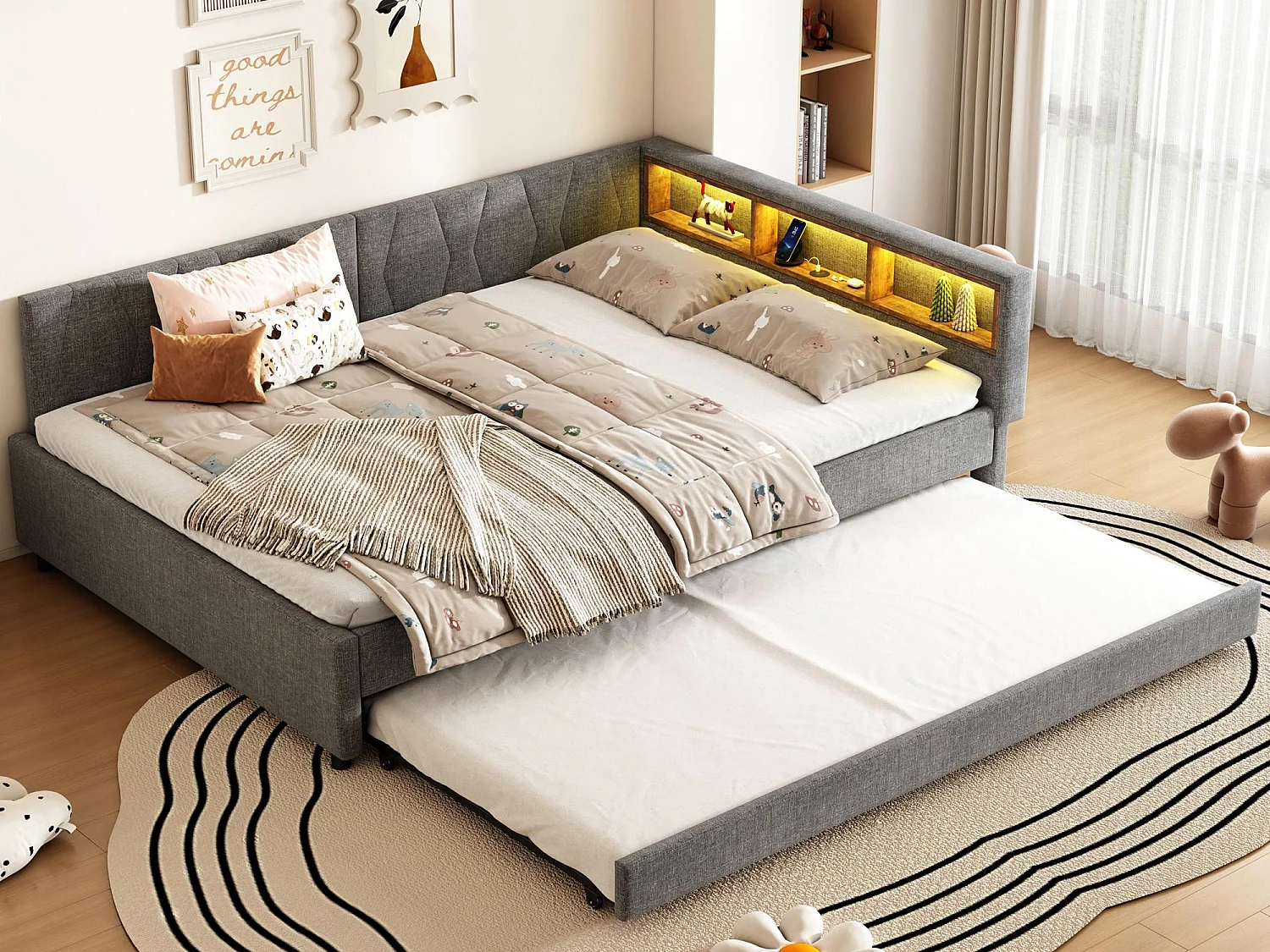 Canapé-lit 140x200cm - avec lit gigogne - avec USB + Type C - avec éclairage LED - gris (matelas non inclus)