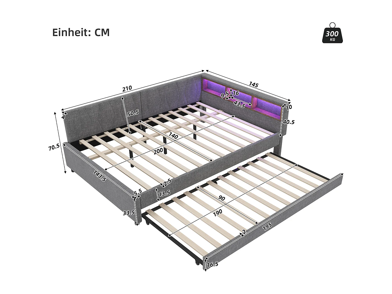 Canapé-lit 140x200cm - avec lit gigogne - avec USB + Type C - avec éclairage LED - gris (matelas non inclus)