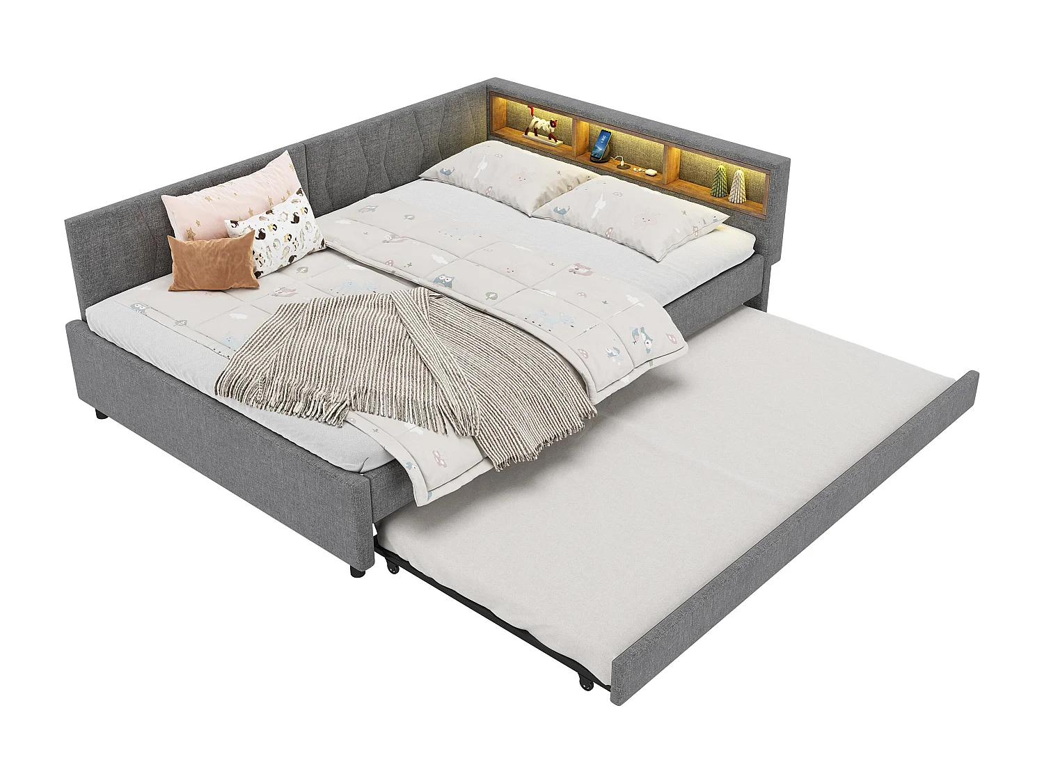 Canapé-lit 140x200cm - avec lit gigogne - avec USB + Type C - avec éclairage LED - gris (matelas non inclus)