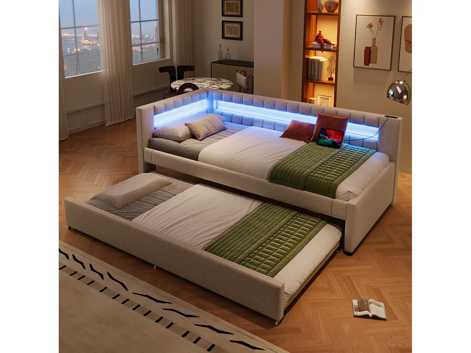 Schlafsofa 90x200 cm - mit LED-Beleuchtung - mit Ausziehbett - mit USB- + TYPE-C-Anschlüssen - Leinen - beige (Matratze nicht enthalten)