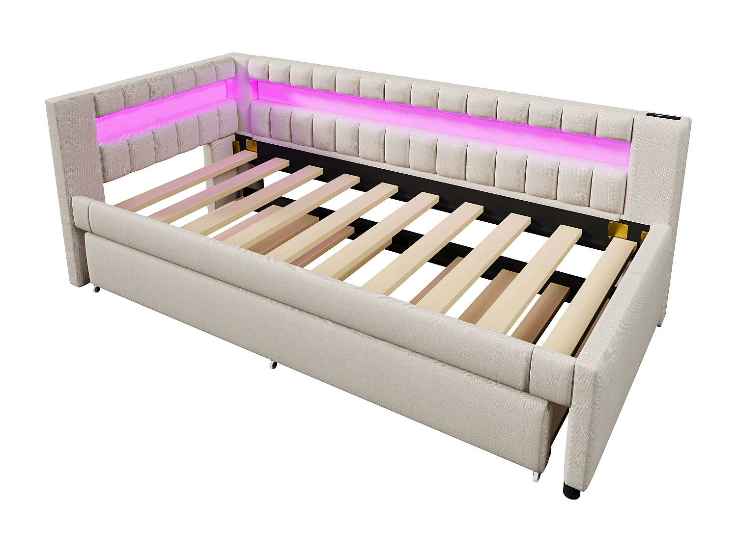 Schlafsofa 90x200 cm - mit LED-Beleuchtung - mit Ausziehbett - mit USB- + TYPE-C-Anschlüssen - Leinen - beige (Matratze nicht enthalten)