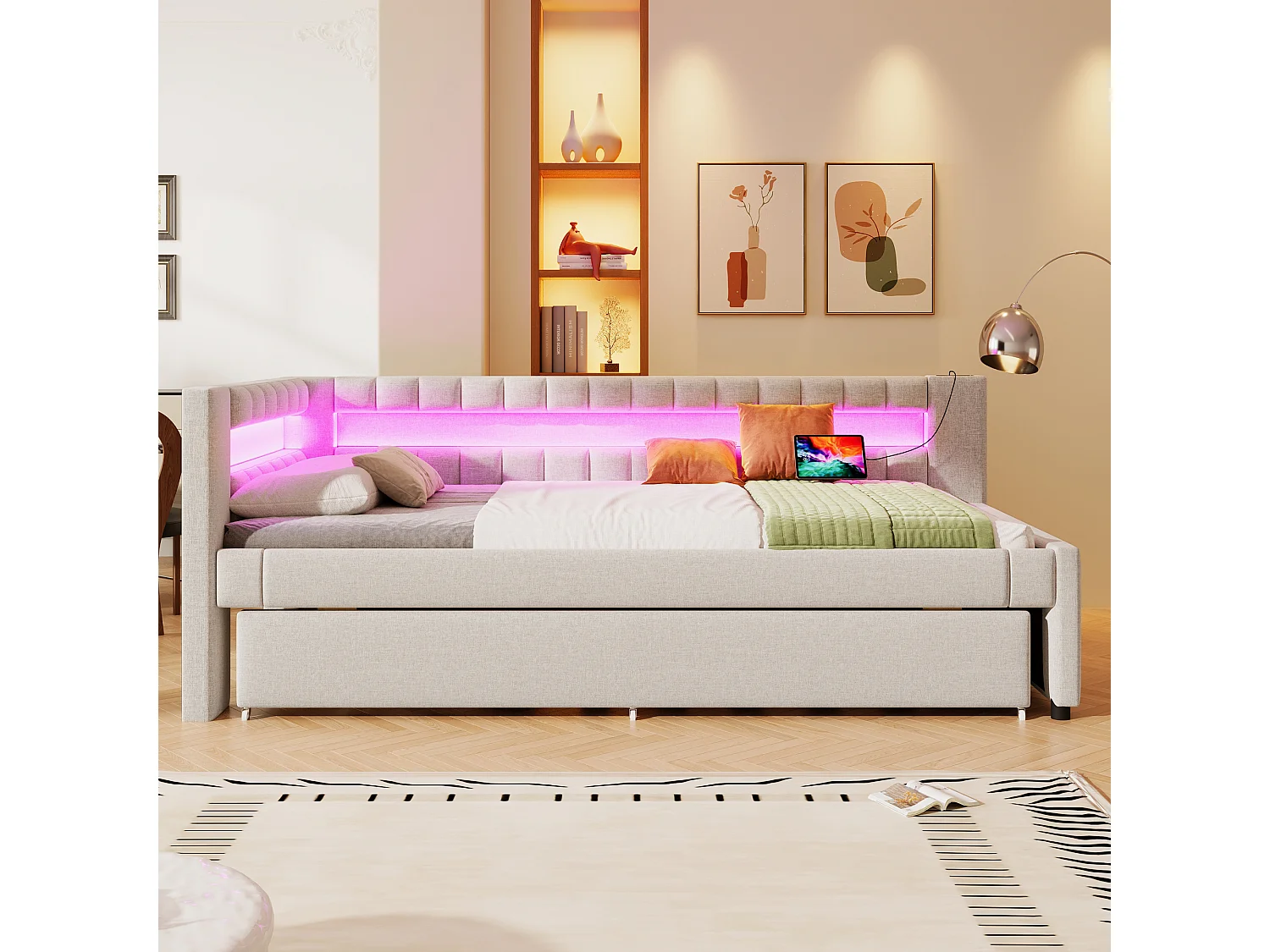 Canapé-lit 90x200cm - avec éclairage LED - avec lit gigogne - avec USB + TYPE-C - lin - beige (matelas non inclus)