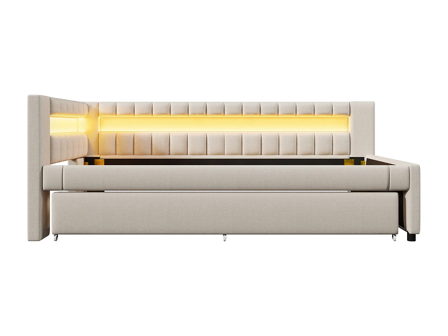 Canapé-lit 90x200cm - avec éclairage LED - avec lit gigogne - avec USB + TYPE-C - lin - beige (matelas non inclus)