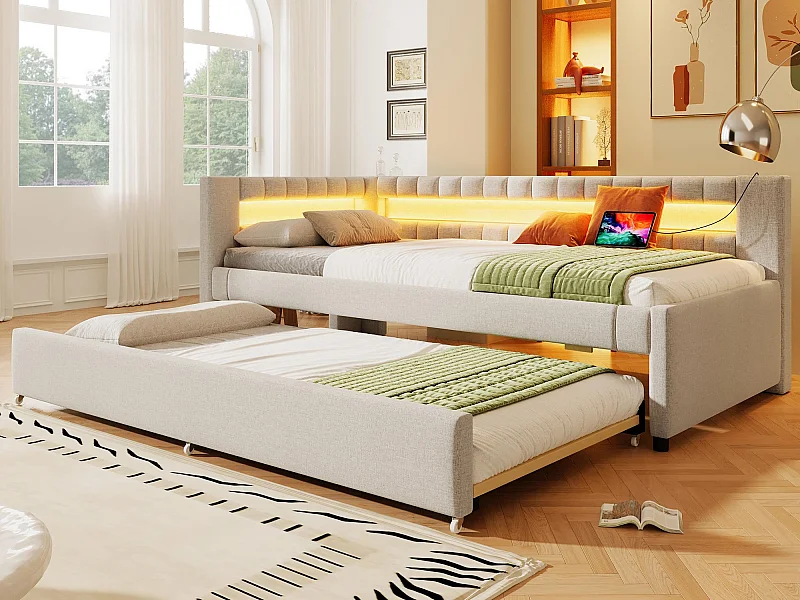 Canapé-lit 90x200cm - avec éclairage LED - avec lit gigogne - avec USB + TYPE-C - lin - beige (matelas non inclus)