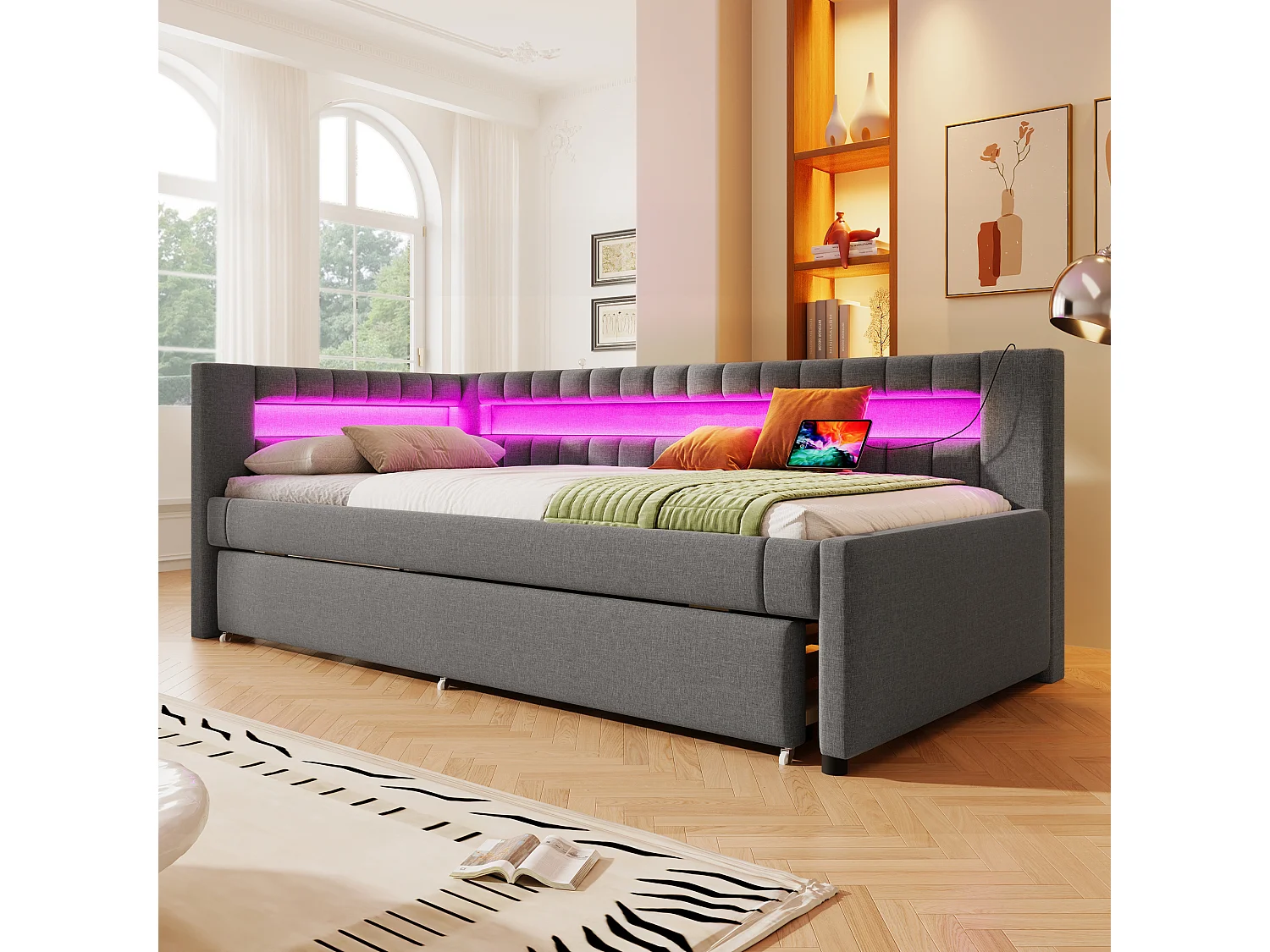 Slaapbank 90x200 cm - met LED-verlichting - met opbergbed - met USB- + TYPE-C-aansluitingen - linnen - grijs (matras niet inbegrepen)