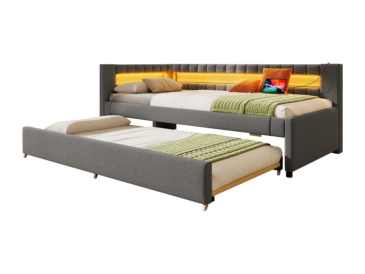 Slaapbank 90x200 cm - met LED-verlichting - met opbergbed - met USB- + TYPE-C-aansluitingen - linnen - grijs (matras niet inbegrepen)