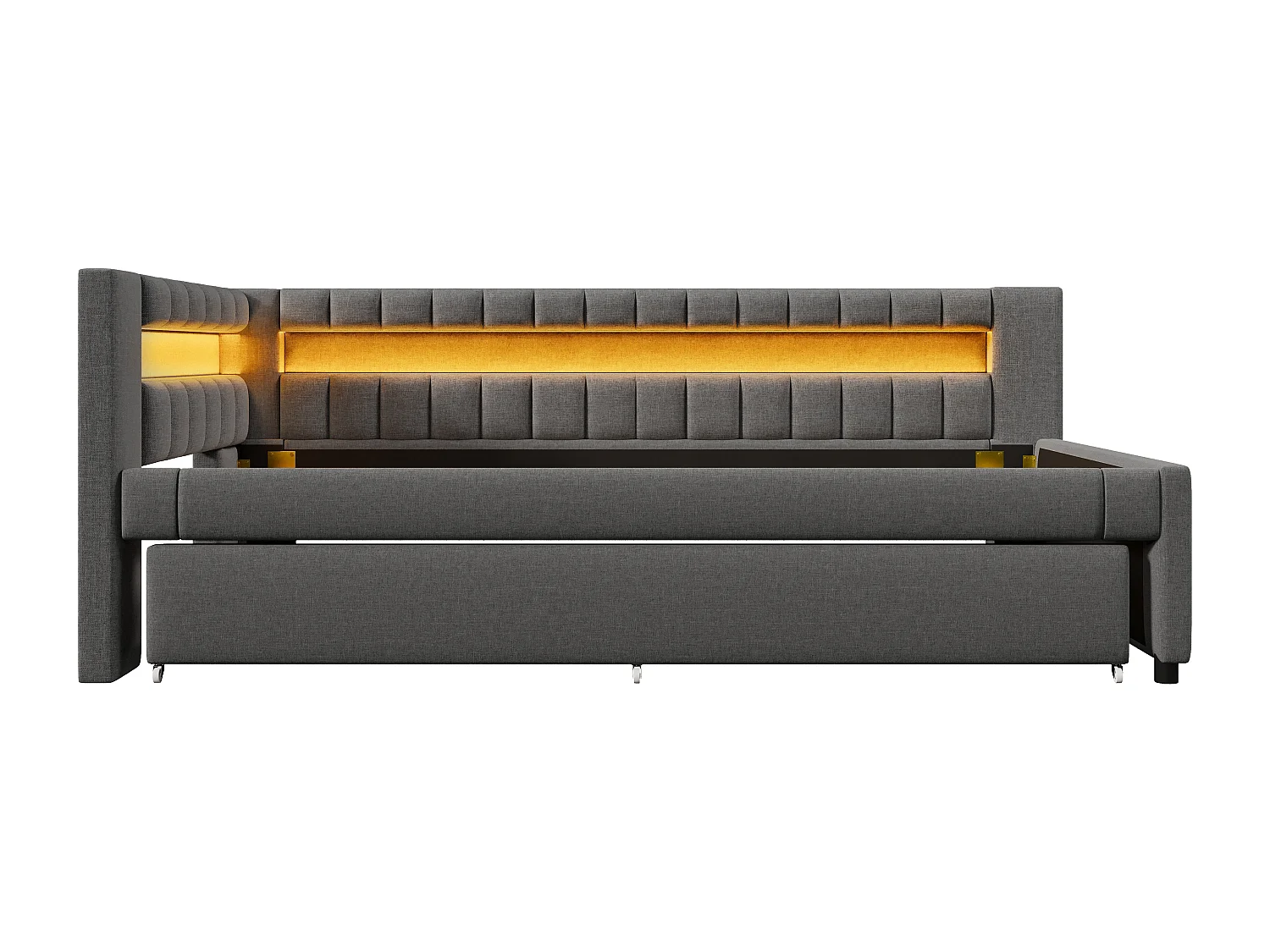 Slaapbank 90x200 cm - met LED-verlichting - met opbergbed - met USB- + TYPE-C-aansluitingen - linnen - grijs (matras niet inbegrepen)