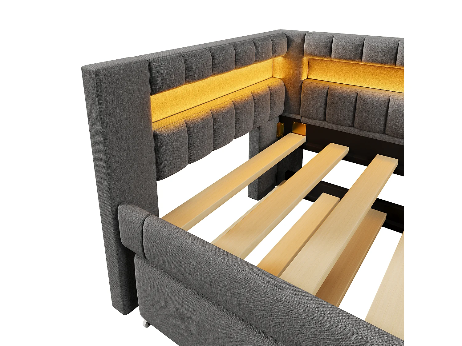 Canapé-lit 90x200 cm - avec éclairage LED - avec lit gigogne - avec USB + TYPE-C - lin - gris (matelas non inclus)