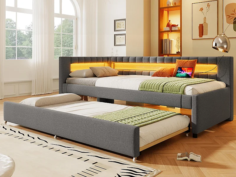 Canapé-lit 90x200 cm - avec éclairage LED - avec lit gigogne - avec USB + TYPE-C - lin - gris (matelas non inclus)