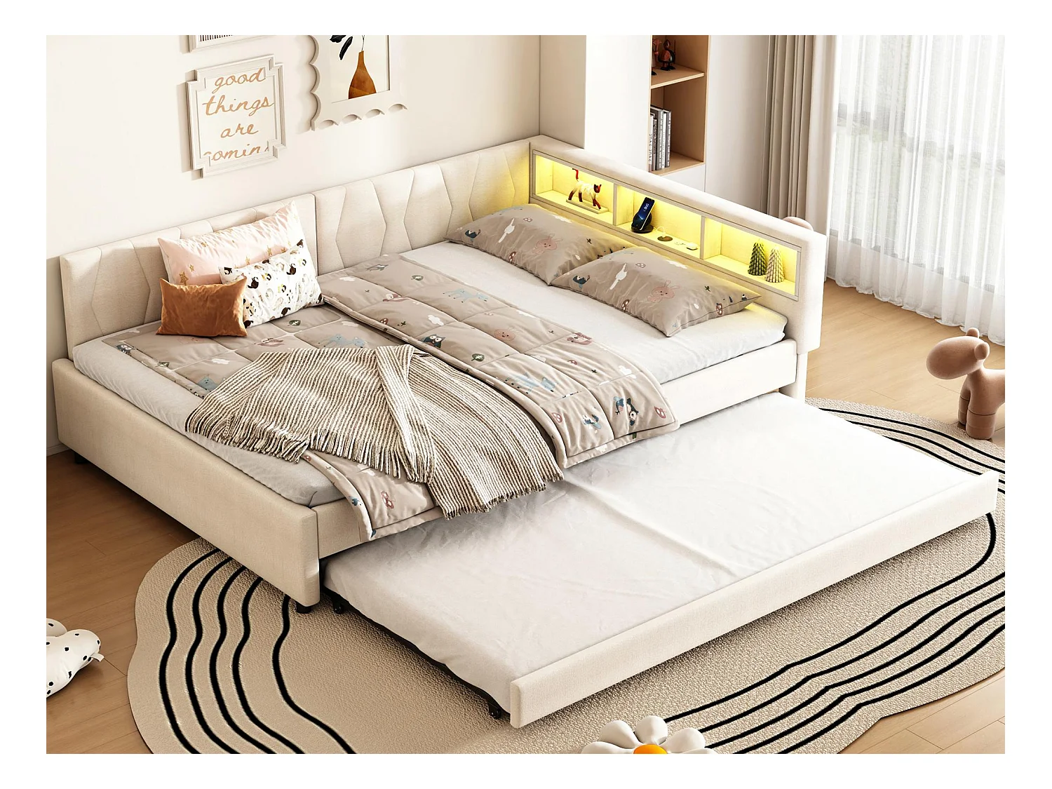 Canapé-lit 140x200cm - avec lit gigogne - avec USB + Type C - avec éclairage LED - beige (matelas non inclus)