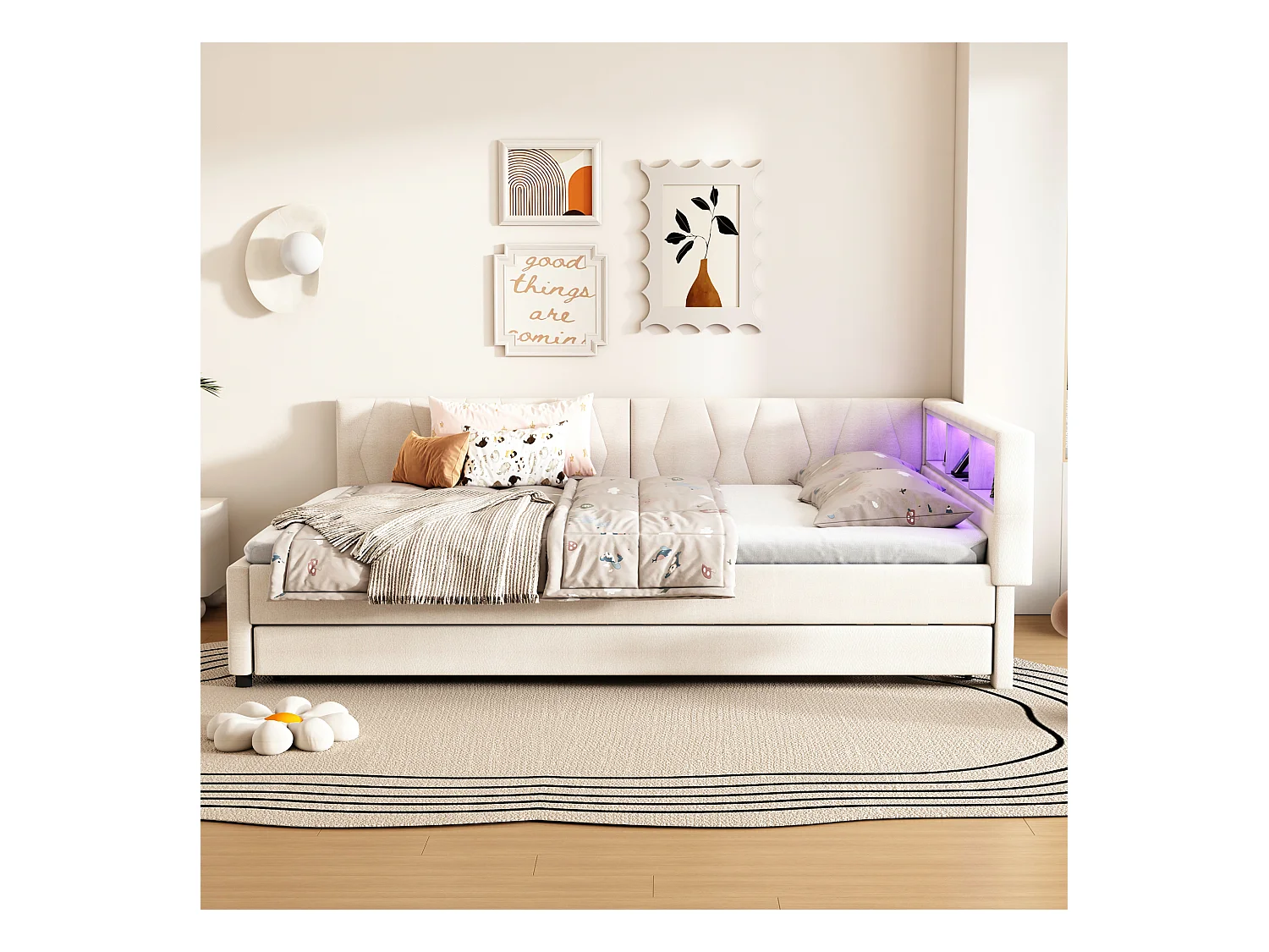Canapé-lit 140x200cm - avec lit gigogne - avec USB + Type C - avec éclairage LED - beige (matelas non inclus)