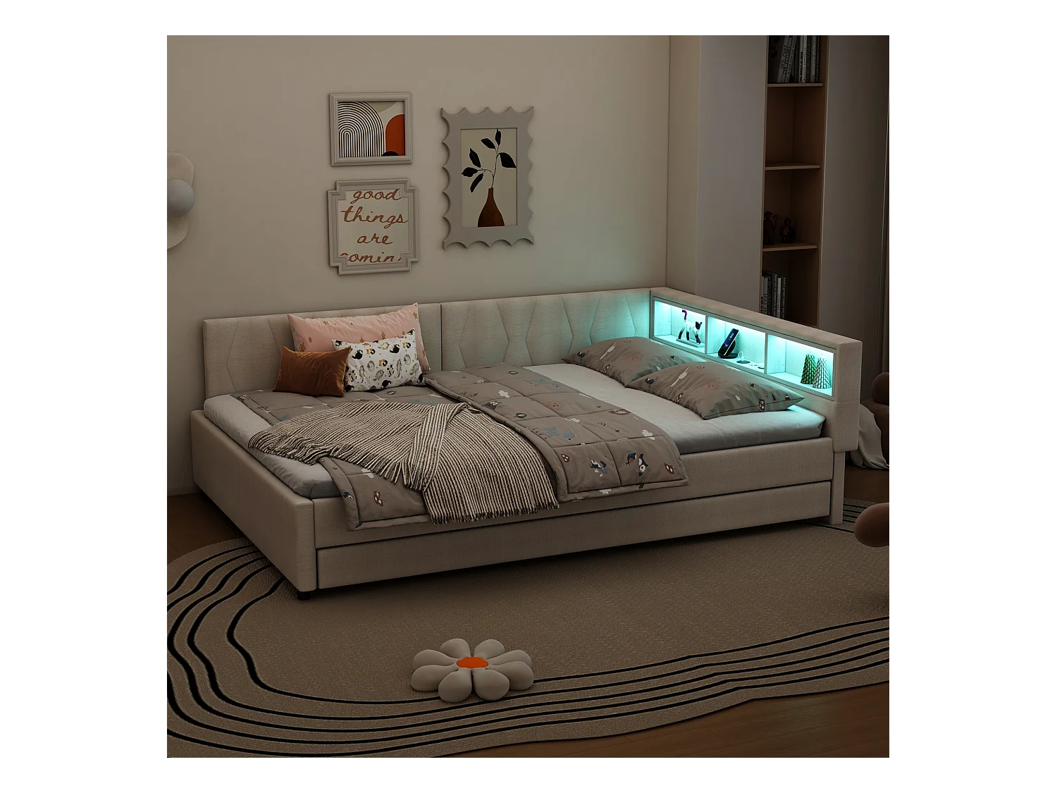 Canapé-lit 140x200cm - avec lit gigogne - avec USB + Type C - avec éclairage LED - beige (matelas non inclus)
