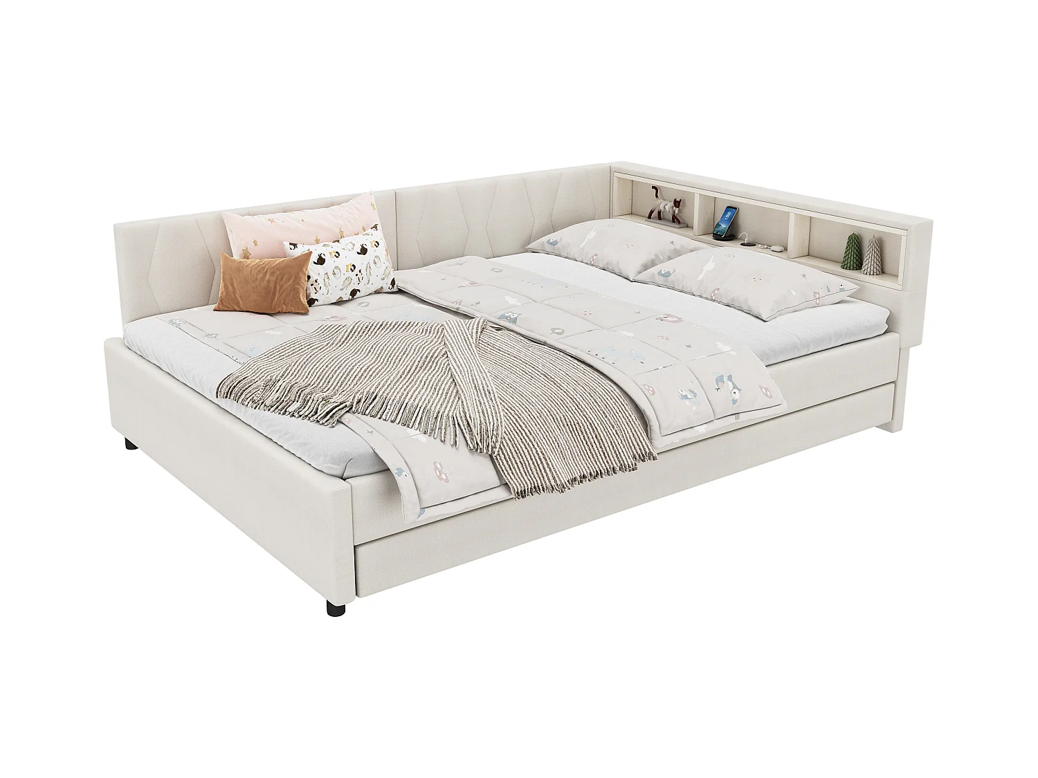 Canapé-lit 140x200cm - avec lit gigogne - avec USB + Type C - avec éclairage LED - beige (matelas non inclus)