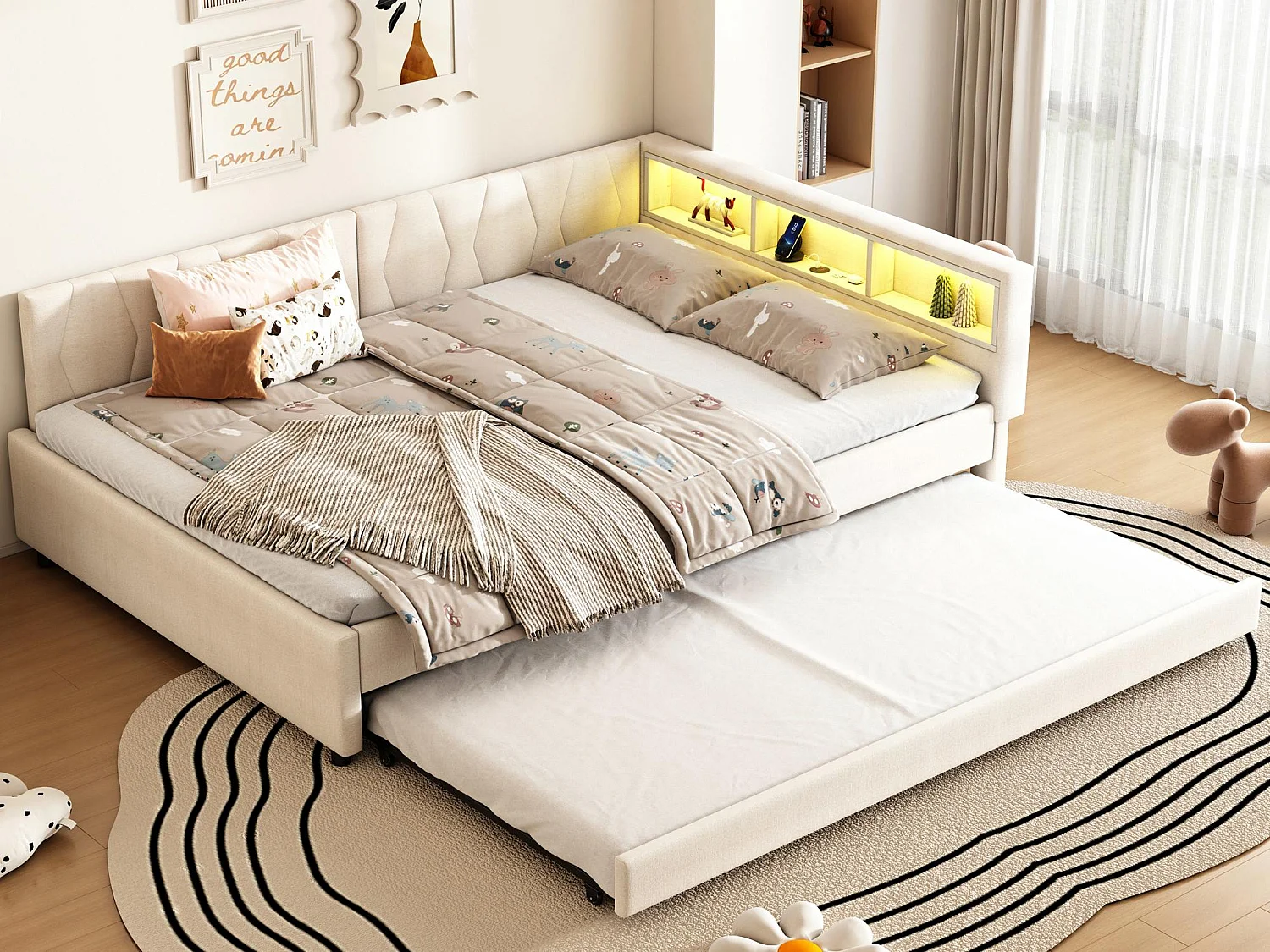 Schlafsofa 140x200 cm - mit Ausziehbett - mit USB- + Type-C-Anschlüssen - mit LED-Beleuchtung - beige (Matratze nicht enthalten)