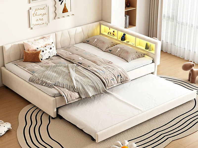 Canapé-lit 140x200cm - avec lit gigogne - avec USB + Type C - avec éclairage LED - beige (matelas non inclus)