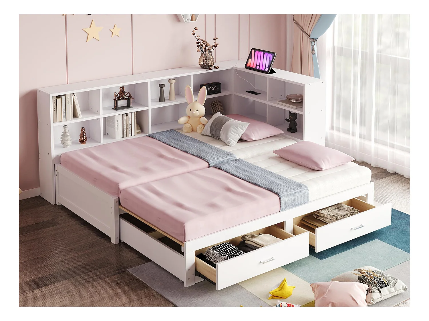 Kanapa rozkładana z litego drewna 90x190 cm - z łóżkiem wysuwanym - z przegródką do przechowywania - z 2 szufladami - biały