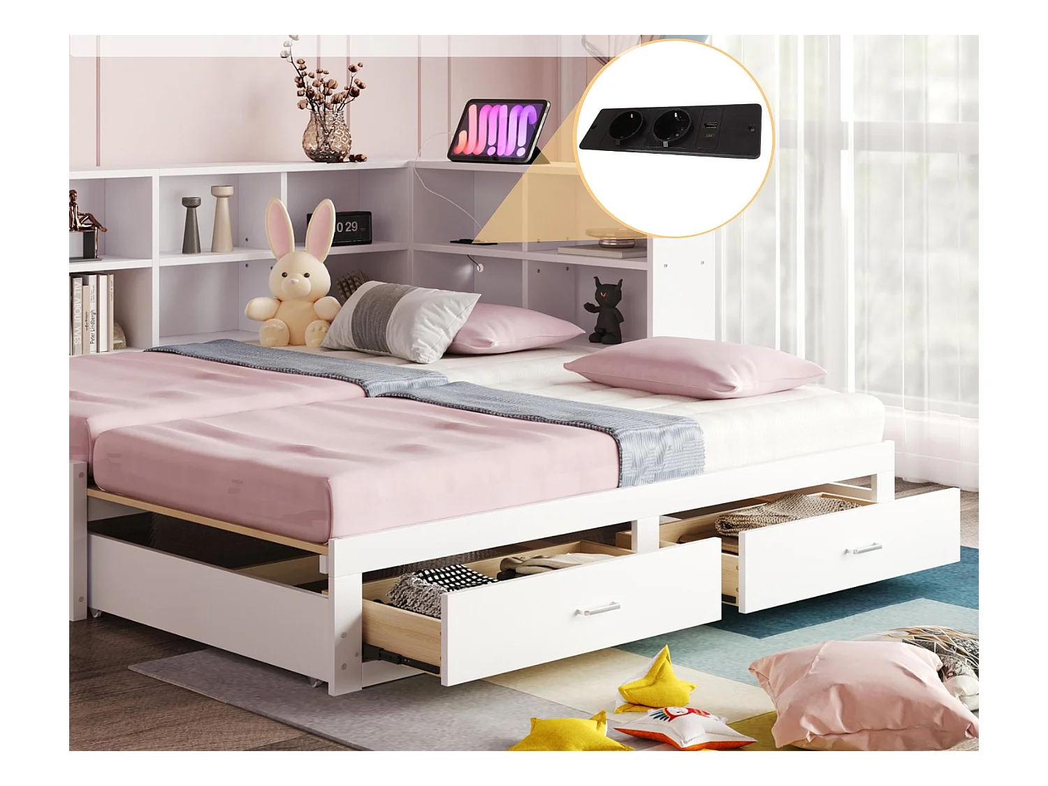 Kanapa rozkładana z litego drewna 90x190 cm - z łóżkiem wysuwanym - z przegródką do przechowywania - z 2 szufladami - biały