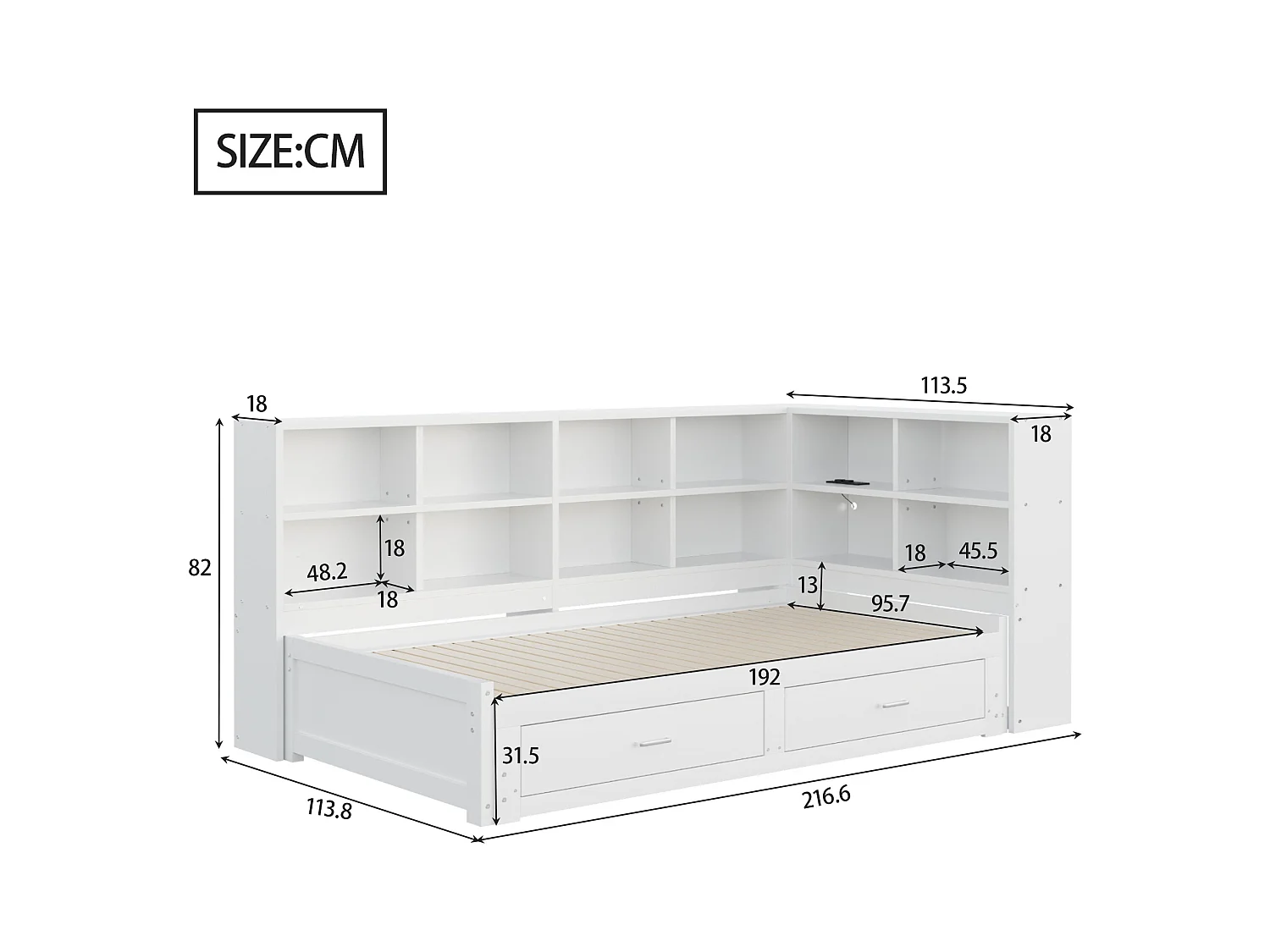 Kanapa rozkładana z litego drewna 90x190 cm - z łóżkiem wysuwanym - z przegródką do przechowywania - z 2 szufladami - biały