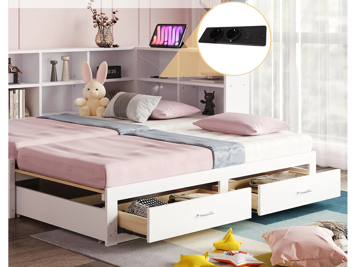 Sofá-cama em madeira maciça 90x190 cm - com cama articulada - com compartimento de arrumação - com 2 gavetas - branco