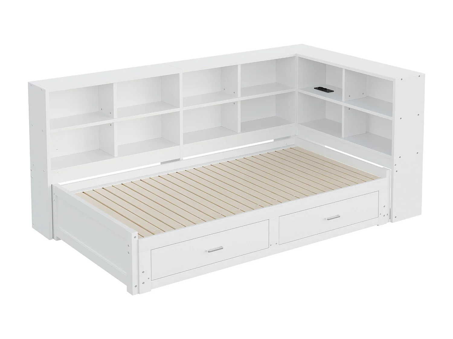 Sofá-cama em madeira maciça 90x190 cm - com cama articulada - com compartimento de arrumação - com 2 gavetas - branco