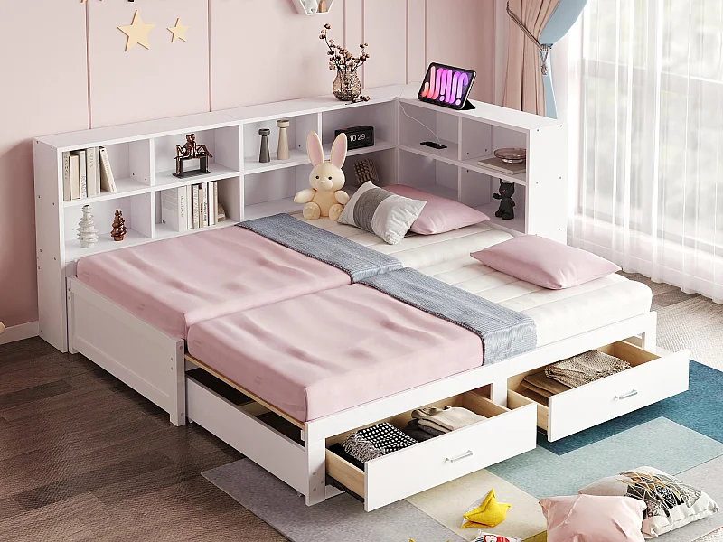 Sofá-cama em madeira maciça 90x190 cm - com cama articulada - com compartimento de arrumação - com 2 gavetas - branco