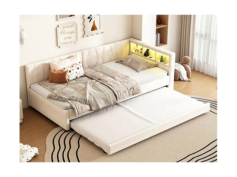 Schlafsofa 90x200 cm - mit Ausziehbett - mit USB- + Type-C-Anschlüssen - mit LED-Beleuchtung - beige (Matratze nicht enthalten)