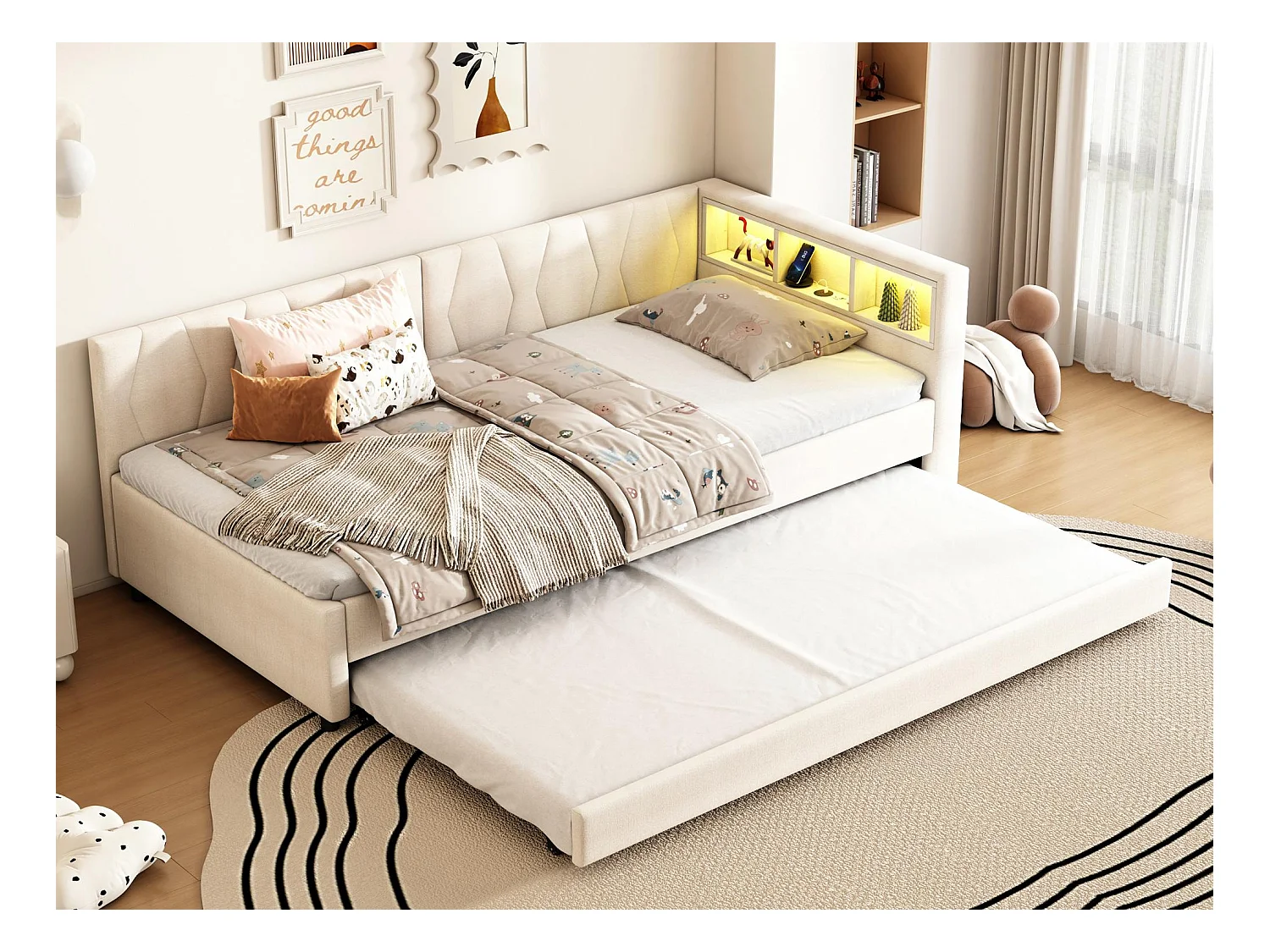 Canapé-lit 90x200cm - avec lit gigogne - avec USB + Type C - avec éclairage LED - beige (matelas non inclus)