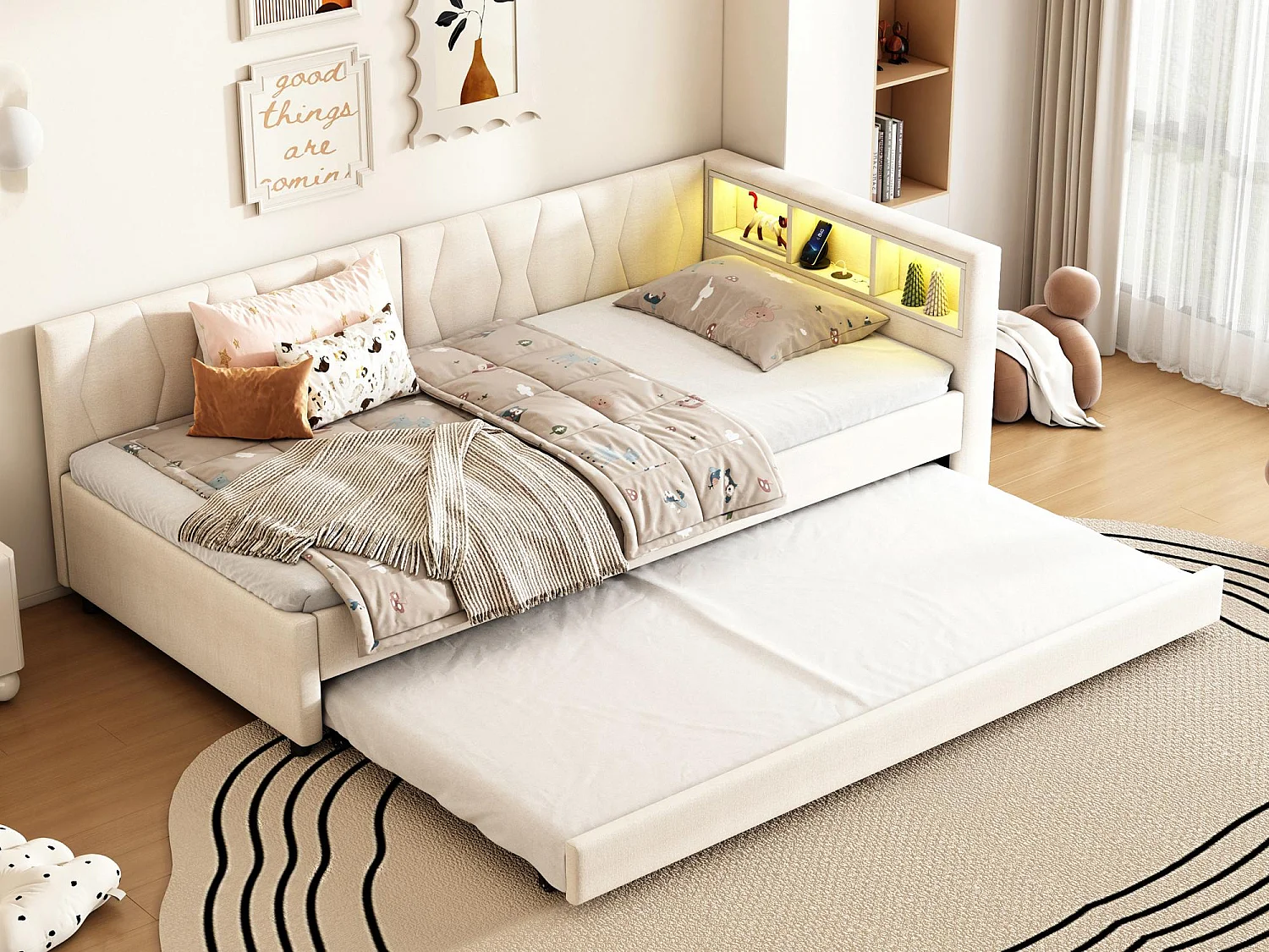Canapé-lit 90x200cm - avec lit gigogne - avec USB + Type C - avec éclairage LED - beige (matelas non inclus)